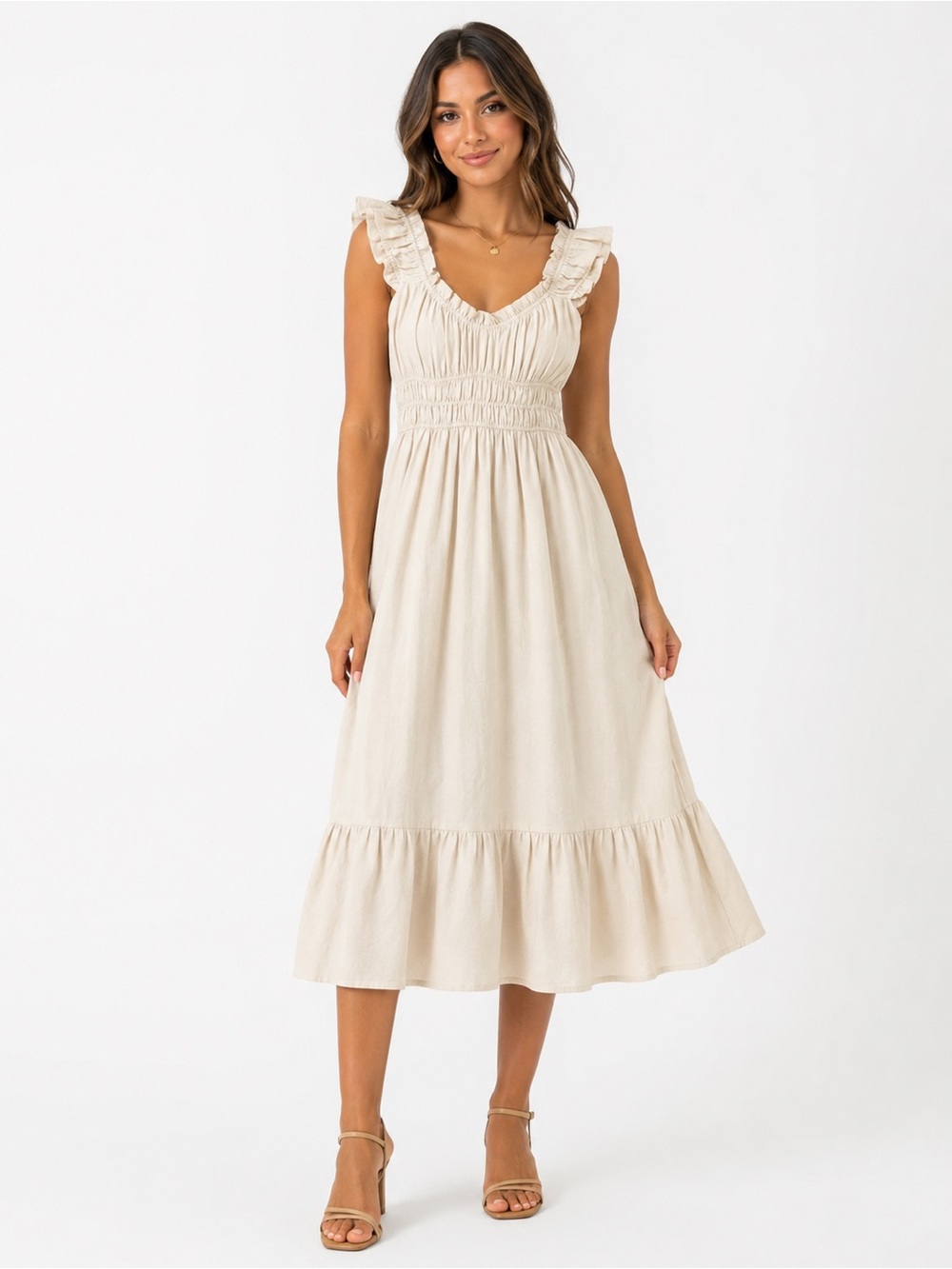 Blu Pepper Cream Ruffle-Trim Maxi Dress